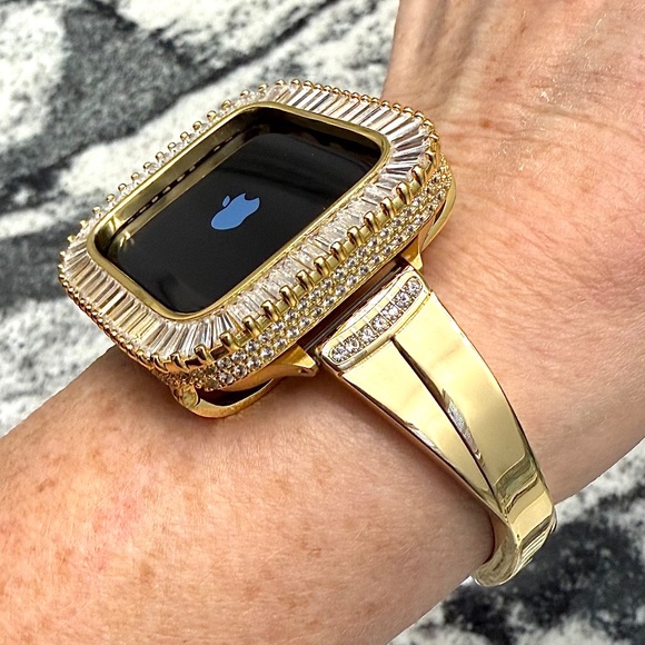 2 pc Apple Watch set yellow gold lab diamond case and crystal band classy bling - Picture 3 of 11